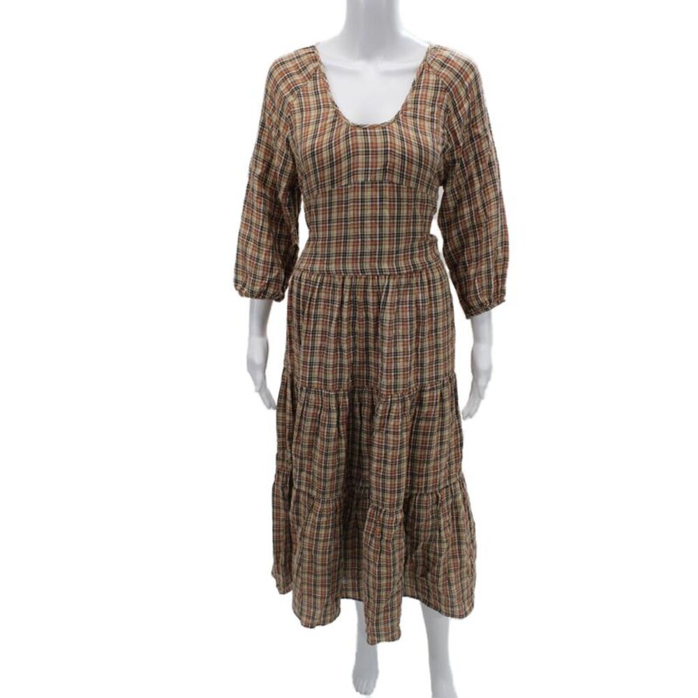 LIDO Womens Maxi Plaid Mid-Calf Dress Beige 3/4 Sleeve Round Neck Size One Size